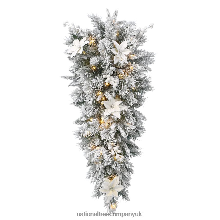 Greenery | National Tree Company Pre-Lit Artificial Christmas Teardrop Green Colonial Fir White Lights Decorated with Pine Cones Flowers Frosted Branches Christmas Collection 32 Inches F2L4F50